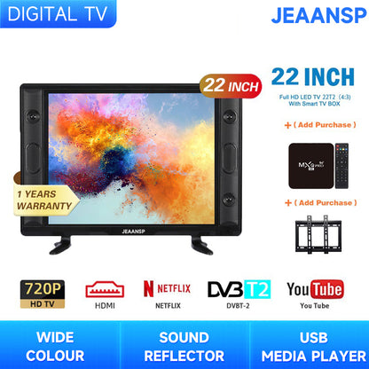 JEAANSP TV 19/22/24/26/32/40/43/46/50 inch HD Digital TV with VGA&HDMI+Smart TV BOX&Free Wall Bracket Build in DVB-T2 With Youtube Netflix Bluetooth Wifi Android TV