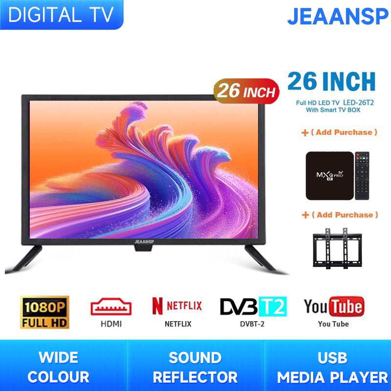 JEAANSP TV 19/22/24/26/32/40/43/46/50 inch HD Digital TV with VGA&HDMI+Smart TV BOX&Free Wall Bracket Build in DVB-T2 With Youtube Netflix Bluetooth Wifi Android TV