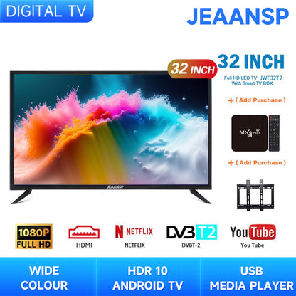 JEAANSP TV 19/22/24/26/32/40/43/46/50 inch HD Digital TV with VGA&HDMI+Smart TV BOX&Free Wall Bracket Build in DVB-T2 With Youtube Netflix Bluetooth Wifi Android TV