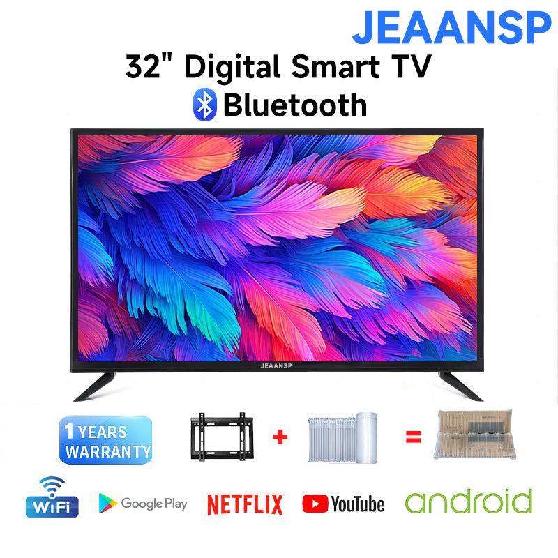 JEAANSP TV 19/22/24/26/32/40/43/46/50 inch HD Digital TV with VGA&HDMI+Smart TV BOX&Free Wall Bracket Build in DVB-T2 With Youtube Netflix Bluetooth Wifi Android TV